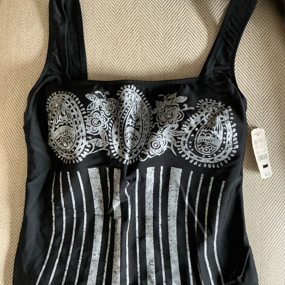 Gottex Black and Silver Jeweled Patterned Waterproof Cupped Tankini- NEW w/tag